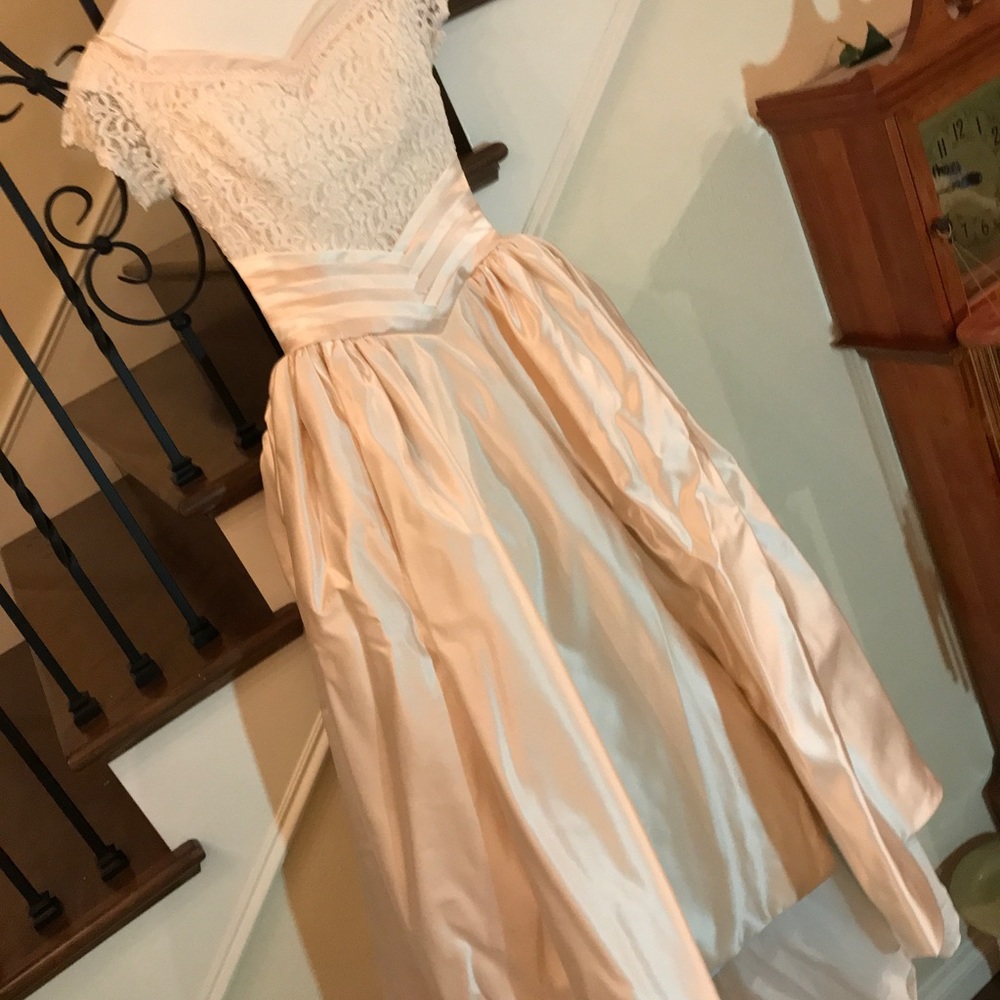 Custom-made peach satin skirt with Italian lace bodice wedding dress